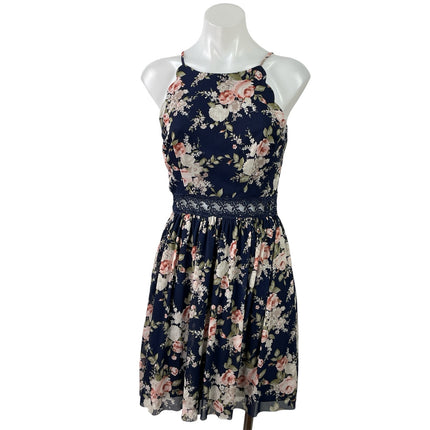 By & By Blue Floral High Neck Sleeveless Lace Fit & Flare Mini Dress Size 5