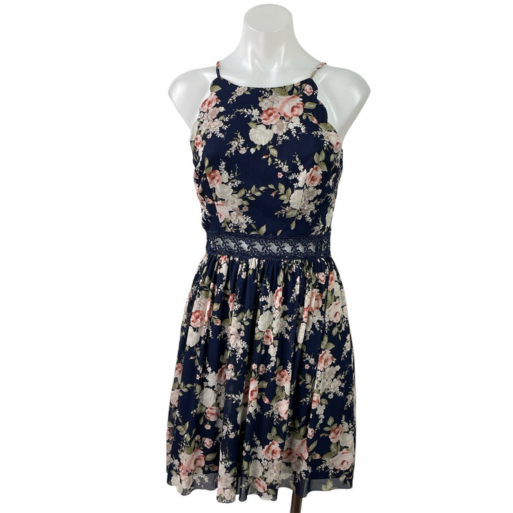 By & By Blue Floral High Neck Sleeveless Lace Fit & Flare Mini Dress Size 5