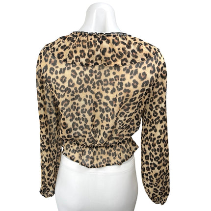 Zara Brown Leopard Animal Print Frill Ruffle V-Neck Peplum Crop Blouse Top Sz XS