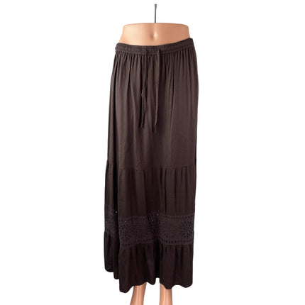 Bass Women's Brown Floral Eyelet Tiered Ruffled Flowy Boho Maxi A-Line Skirt M