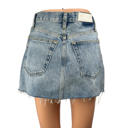 Re/Done Women's Blue HIgh Waist Frayed Raw Hem Mini A-Line Denim Jeans Skirt 25