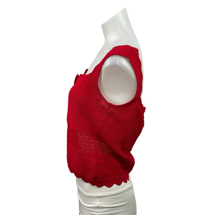Meshki Women's Red Sleeveless Knit Scalloped Button Up Tank Crop Top Size L