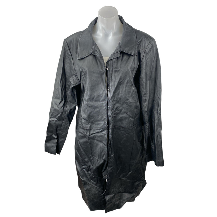 Newport News 100% Genuine Leather Womens Black Long Sleeve Trench Coat Jacket XL