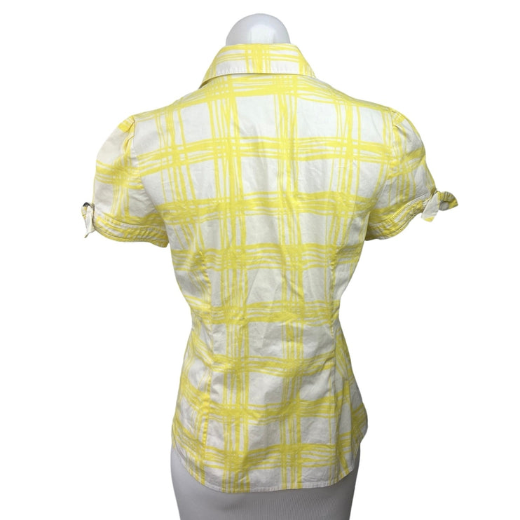 Express Design Studio Yellow White Plaid Button Down Short Sleeve Shirt Top Sz M