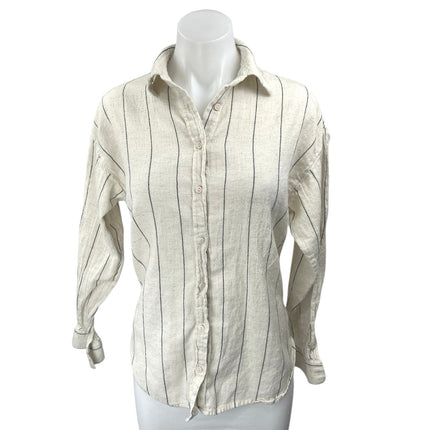 Stradivarius White Black Linen Striped Long Sleeve Button Down Shirt Top Size M