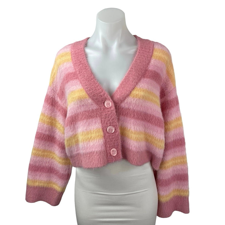 L Space Pink Yellow Striped Long Sleeve Cropped Button Up Cardigan Sweater XS