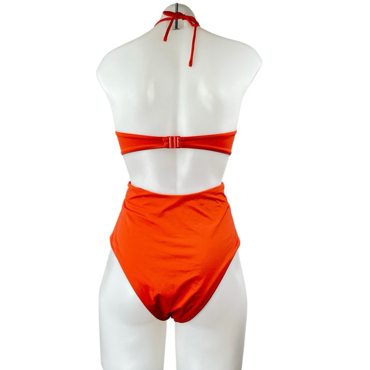 Zara Coral Sleeveless Halter Cutout Bandeau Ornament One Piece Swimsuit Size S