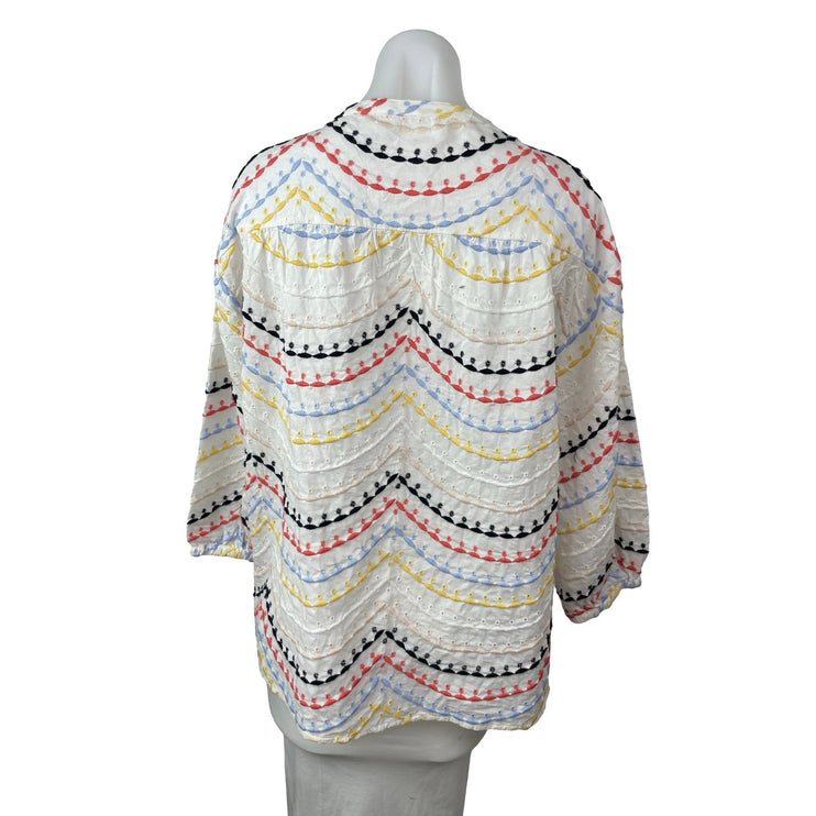 Women's White Striped Embroidered Long Sleeve Button Down Shirt Blouse Top Sz S