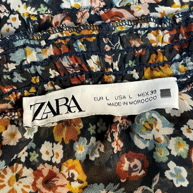 Zara Women's Multicolor Floral Ruffles Belted Long Sleeve Mini A-Line Dress Sz L