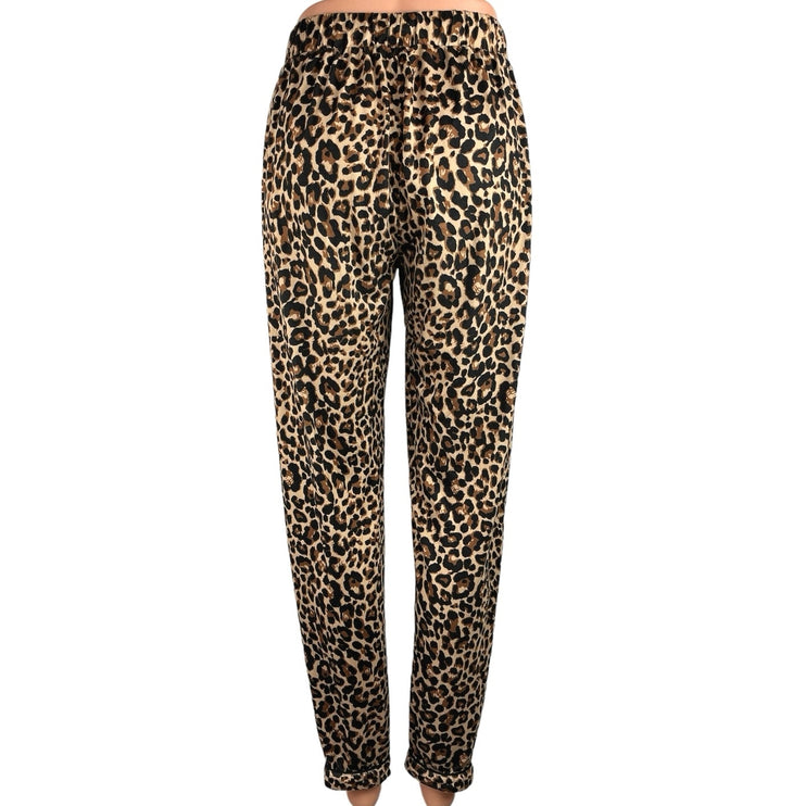 Ekouaer Brown Animal Leopard Print Tapered Elastic Waist Crop Ankle Pants Size S