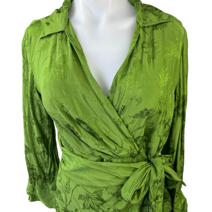 Zara Green Fringe Jacquard Long Sleeve Collar V-neck Mini Tie Wrap Dress Size S