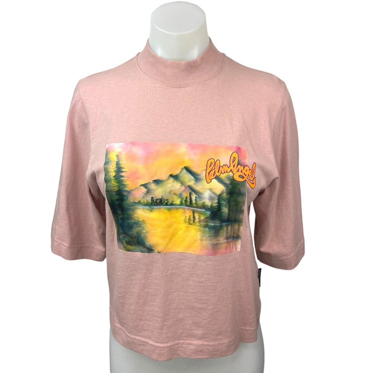 Palm Angels Women's Pink Mountains Panorama Mock Neck Boxy T Shirt Tee Top Sz XS