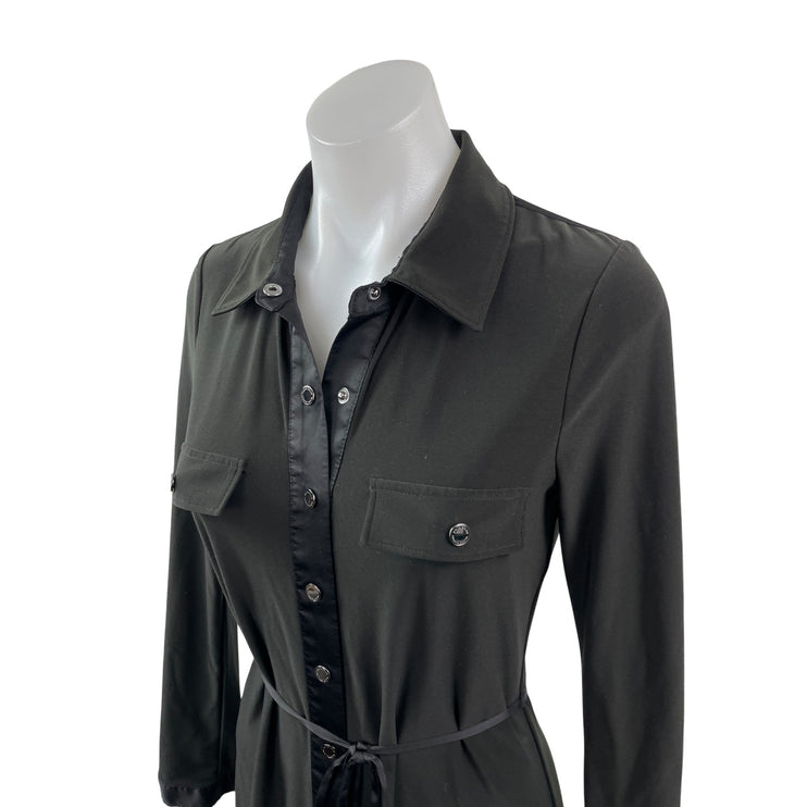 White House Black Market Black Long Sleeve Tie Button Down Mini Shirt Dress Sz S
