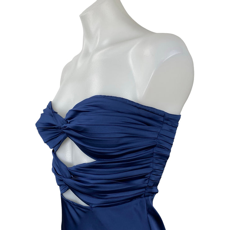 Runaway Blue Silk Satin Strapless Bandeau Bustier Cutout Maxi Dress Size XS