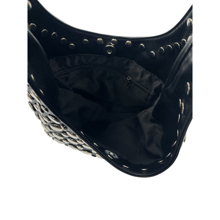 Women's Black Silver Studded Vegan PU Leather Snap Hobo Shoulder Handbag OS