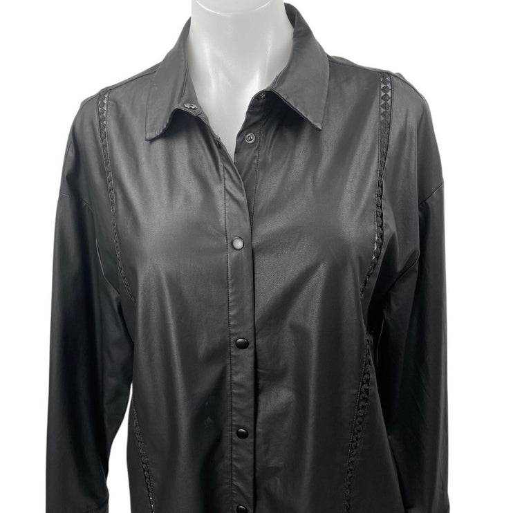 Culture Cassandra Black Faux Vegan Leather Long Sleeve Button Down Shirt Top M