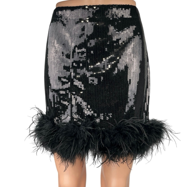 12th Tribe Black Sequin Feather Darling Novelty High Waist Pencil Mini Skirt L