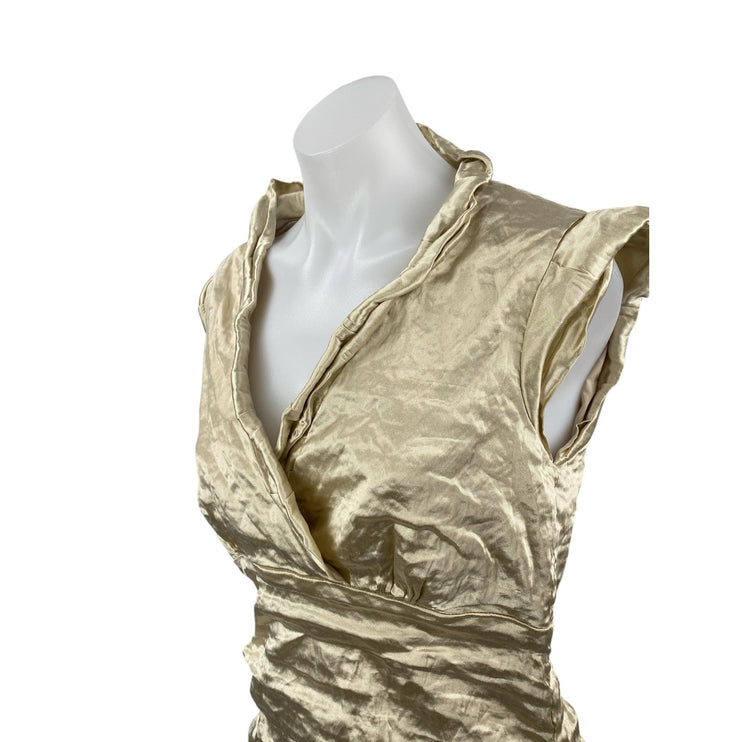 Nicole Miller Gold Metallic Cap Sleeve Surplice V Neck Ruched Mini Dress Size 12
