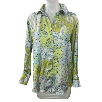 Zara Green Floral Paisley Colorblock Long Sleeve Button Down Shirt Top Size S