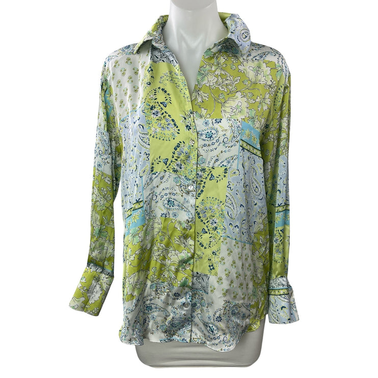 Zara Green Floral Paisley Colorblock Long Sleeve Button Down Shirt Top Size S