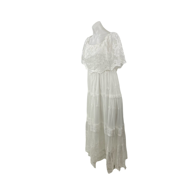 Womens White Embroidered Sheer Mesh Tiered Half Sleeve A Line Maxi Dress Size S