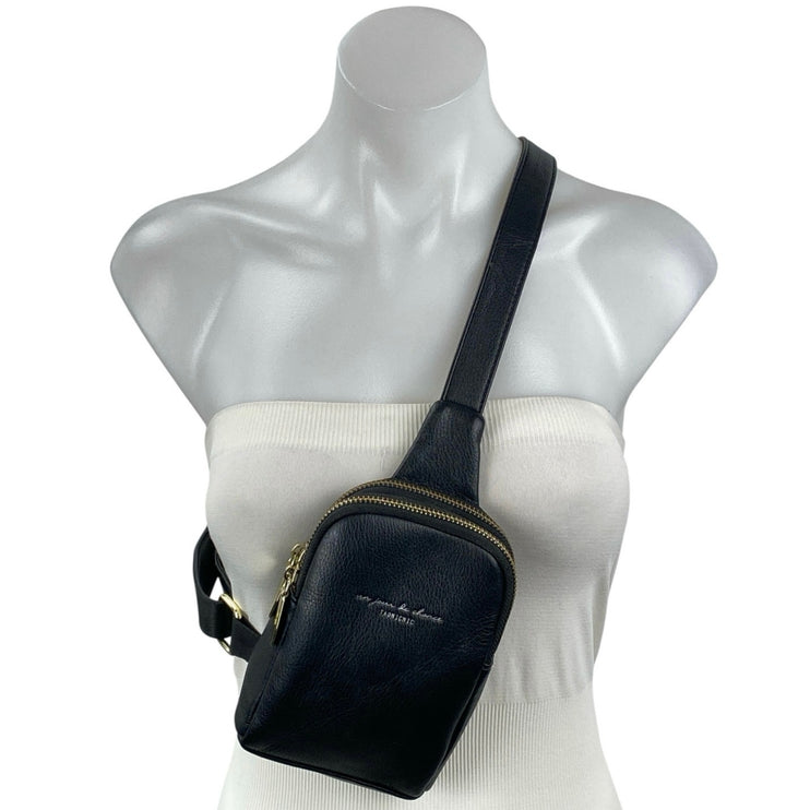 Un Jour De Chance Black Faux Vegan Leather Small Phone Crossbody Sling Bag OS