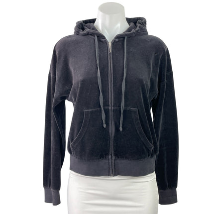 Juicy Couture Black Rhinestone Velvet Velour Zip Up Long Sleeve Hooded Hoodie S