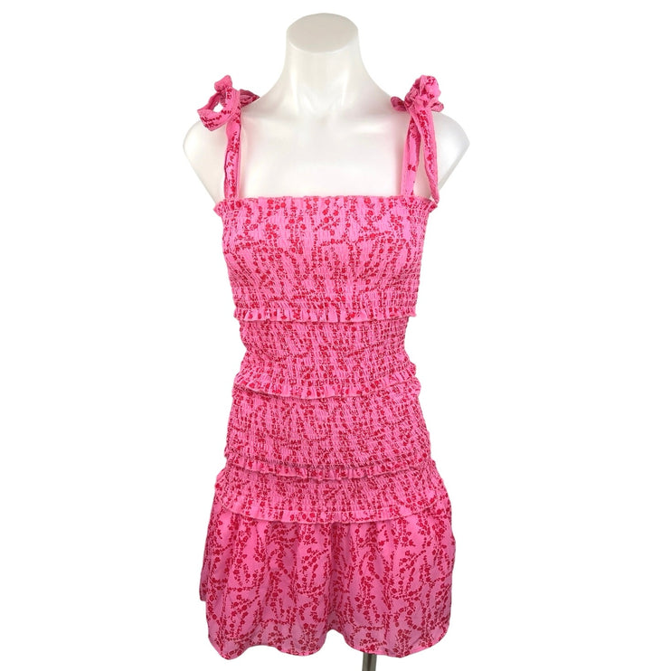 ChouYatou NWT Pink Square Floral Tie Sleeve Smocked Tiered Ruffle Mini Dress S