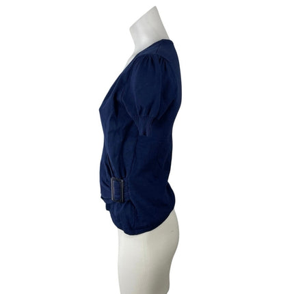 APT. 9 Womens Blue Short Puff Sleeve Scoop Neck Knit Pullover Blouse Top Size SP