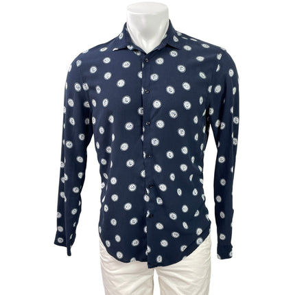 Zara Men's Navy Blue Polka Dots Geometric Long Sleeve Button Down Shirt Top Sp
