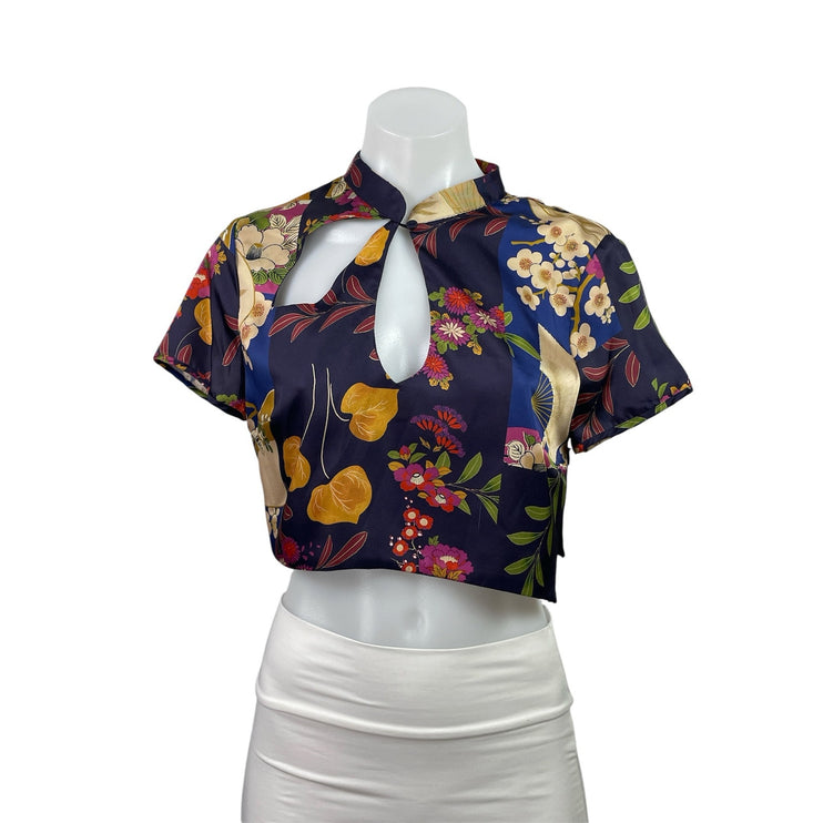 Zara Multicolor Satin Oriental Print Short Sleeve Cutout Cropped Blouse Top Sz S