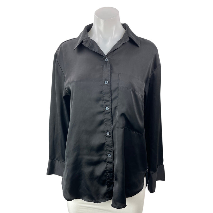 Abercrombie & Fitch Silk Satin Black Long Sleeves Oversized Button Down Shirt XS