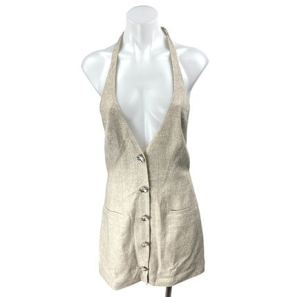 Retrofete Blaine Beige Linen Sleeveless Halter Backless Mini Bodycon Dress Sz S