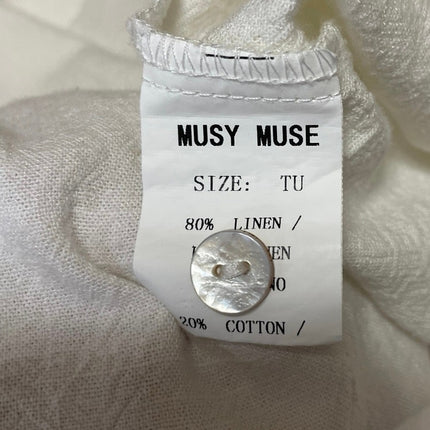 Musy Muse Women White 100% Linen Pocket Long Sleeve Button Down Shirt Top Size L