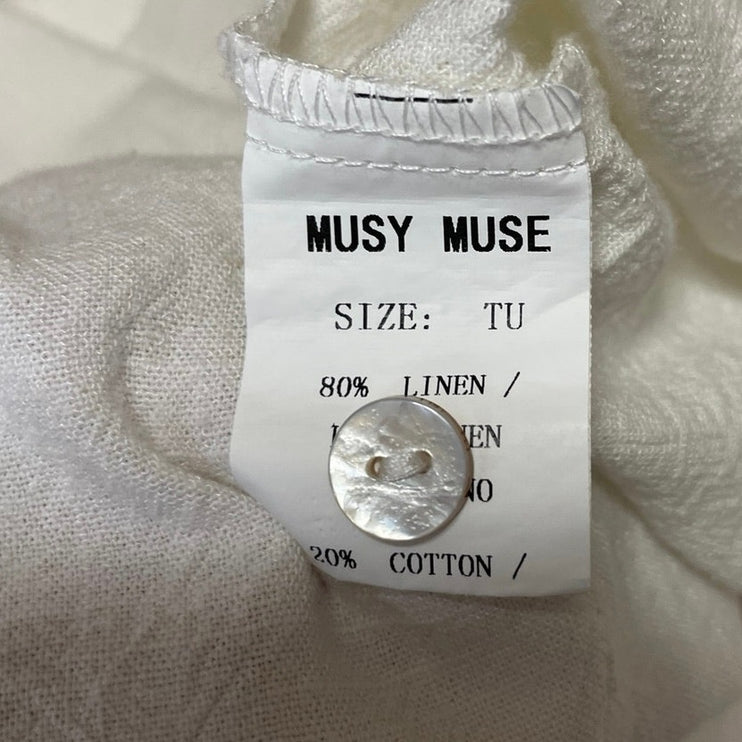 Musy Muse Women White 100% Linen Pocket Long Sleeve Button Down Shirt Top Size L