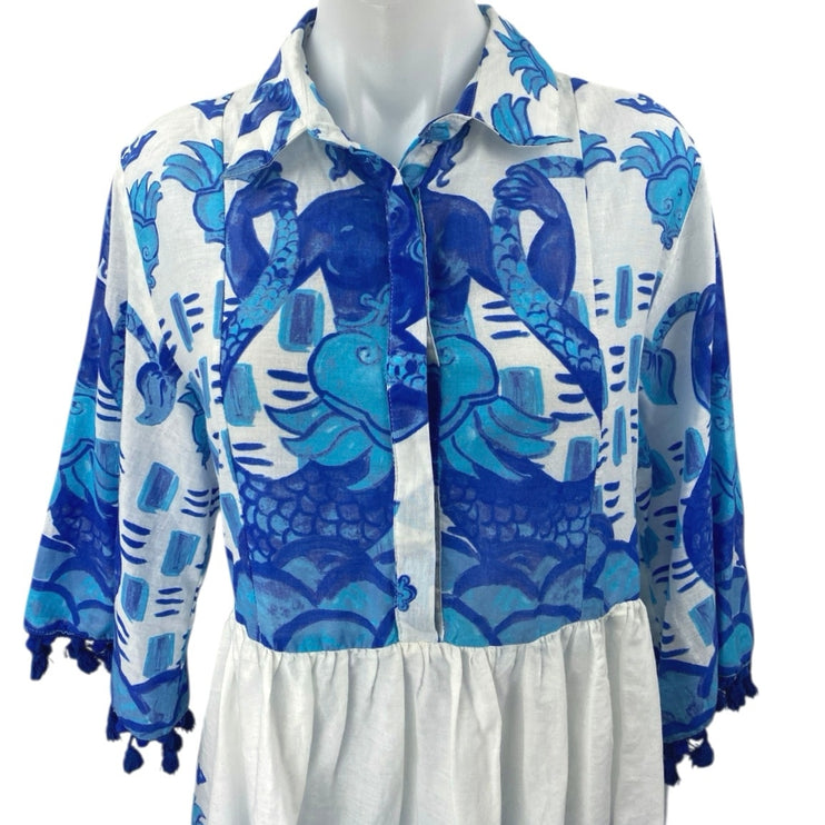 NEW Leoni Al Sole Blue Tassel 3/4 Sleeve Collared Button Mini Shirt Dress Sz S/M
