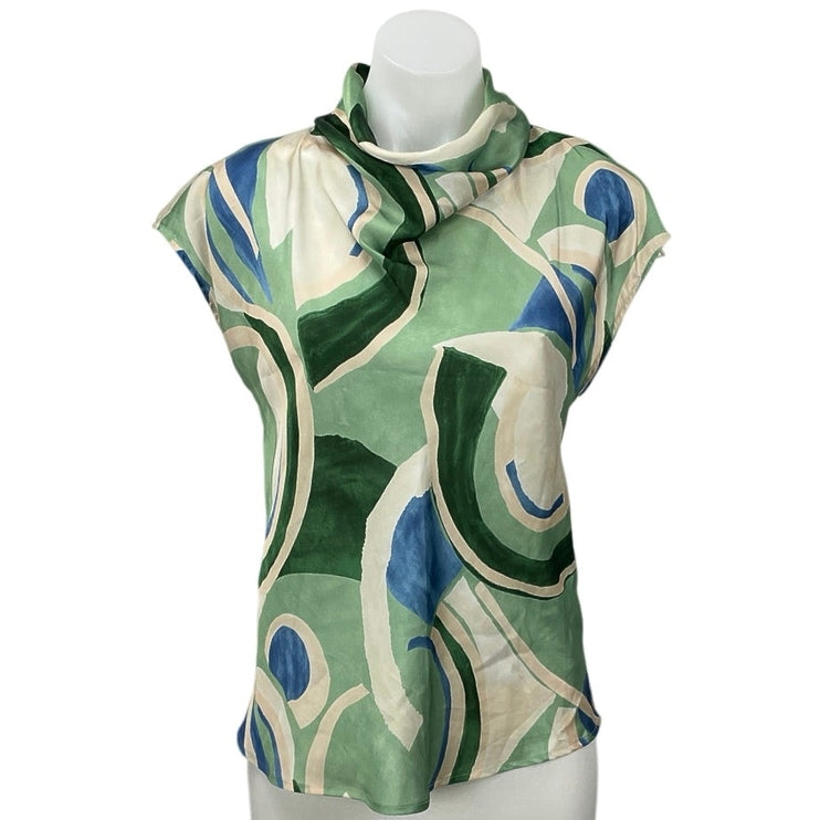 Zara Women's Green Geometric Abstract Cap Short Sleeve Cowl Blouse Top Size S