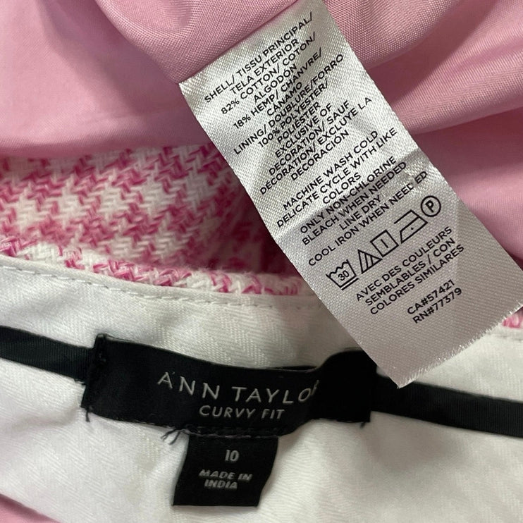 Ann Taylor Curvy Fit Pink Houndstooth Blazer Dress Pants Two Piece Set Size 10