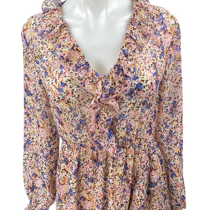 Zara Multicolor Long Puff Sleeve V-Neck Ruffle Cutout A Line Maxi Dress Size M