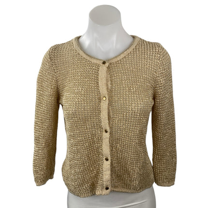 Zara Romantic Shimmer Women Cream 3/4 Sleeve Button Down Cardigan Sweater Top S