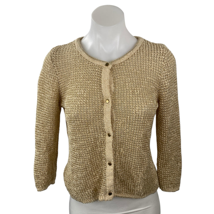Zara Romantic Shimmer Women Cream 3/4 Sleeve Button Down Cardigan Sweater Top S