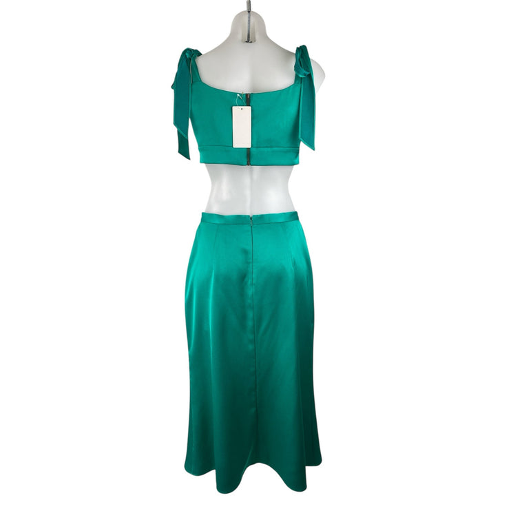 NEW Liv Foster Women's Green Satin Twist Front Crop Top Midi A-Line Skirt Set 6