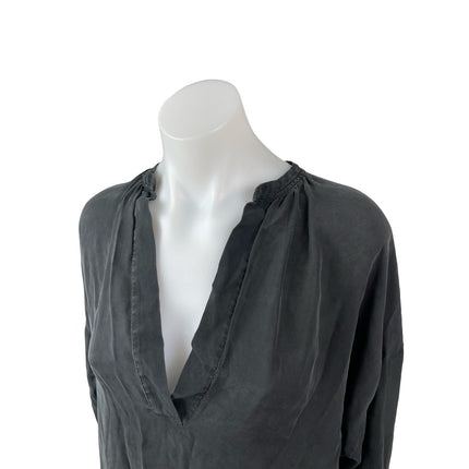 Vince 100% Silk Women's Black Ruched Deep V Neck Long Sleeve Tunic Blouse Top XS