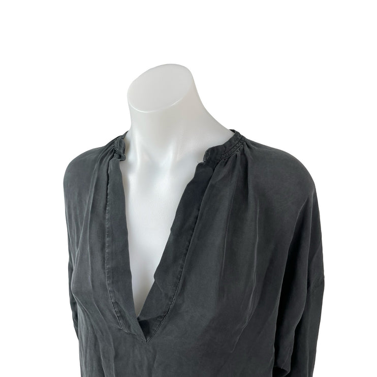 Vince 100% Silk Women's Black Ruched Deep V Neck Long Sleeve Tunic Blouse Top XS