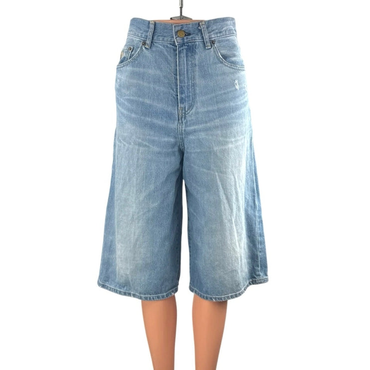 Lois Women's Blue Light Wash Distressed Capri Wide Leg Denim Jeans Shorts Sz 26