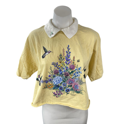 Morning Sun Women's Yellow Floral Print Collared Short Sleeve Blouse Top Size S