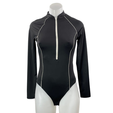 Love J Women's Black Long Sleeve Half Zip Mock Neck Rash Guard Swimwear Size M