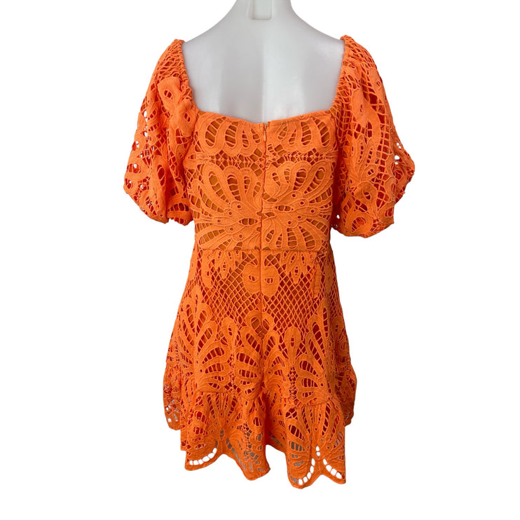 NEW Fashion Nova Key West Orange Floral Lace Puff Sleeve Mini A-line Dress Sz L