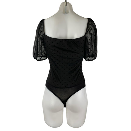 Lulus Darling Style Black Polka Dot Ruched Short Puff Sleeve Bodysuit Top Size S