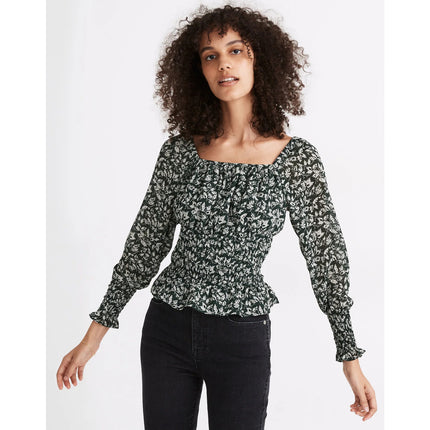 Madewell Georgette Green Floral Long Sleeve Smocked Peplum Blouse top Size XS